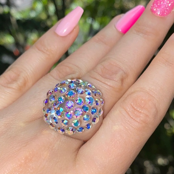 Aurora Borealis Swarovski Crystal Ring, Clear Lucite Ring, AB Crystal Dome Ring - Picture 4 of 10